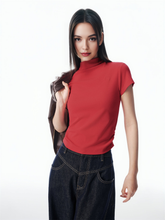 Women's Red Half Turtleneck Slim Fit T-shirt